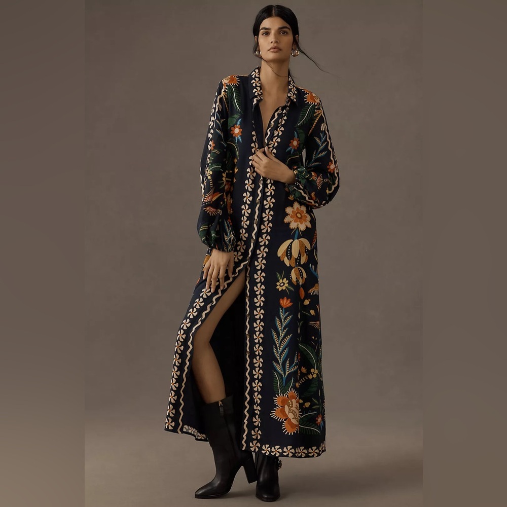 Farm Rio Floral Long-Sleeve Button-Front Midi Shirt Dress- XXS